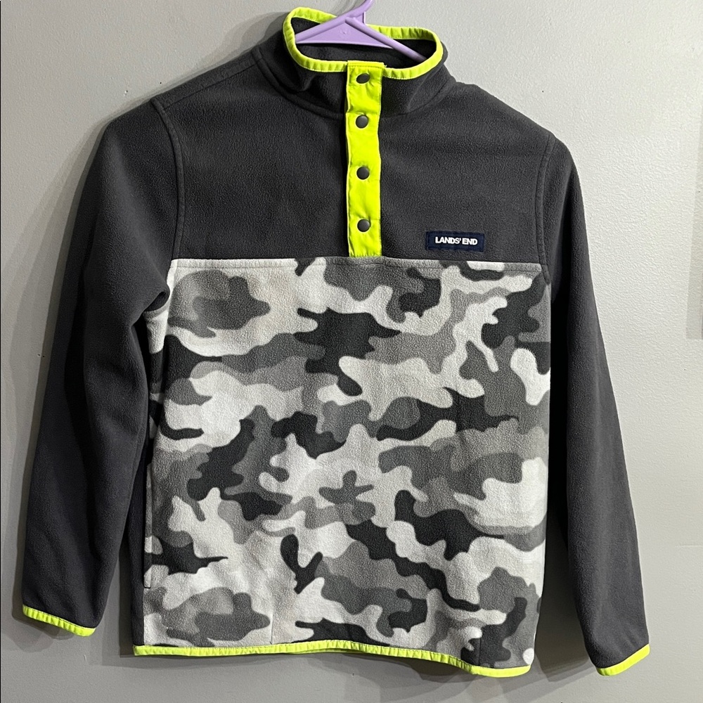 Lands' End Kids Gray Camo Fleece Pullover with Neon Accents